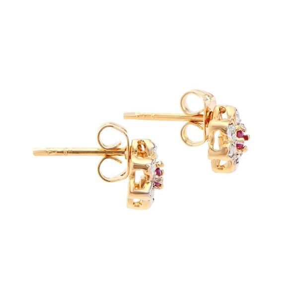 Ruby & Diamond Flower Stud Earrings – 18K Gold Plated - Picture 2 of 4